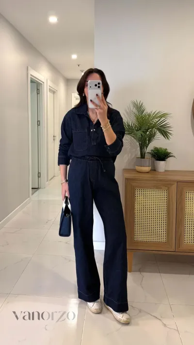 طقم جينز نسائي داكن قطعتين (تونيك بياقة وسروال واسع) | Ensemble Jean Dark Blue