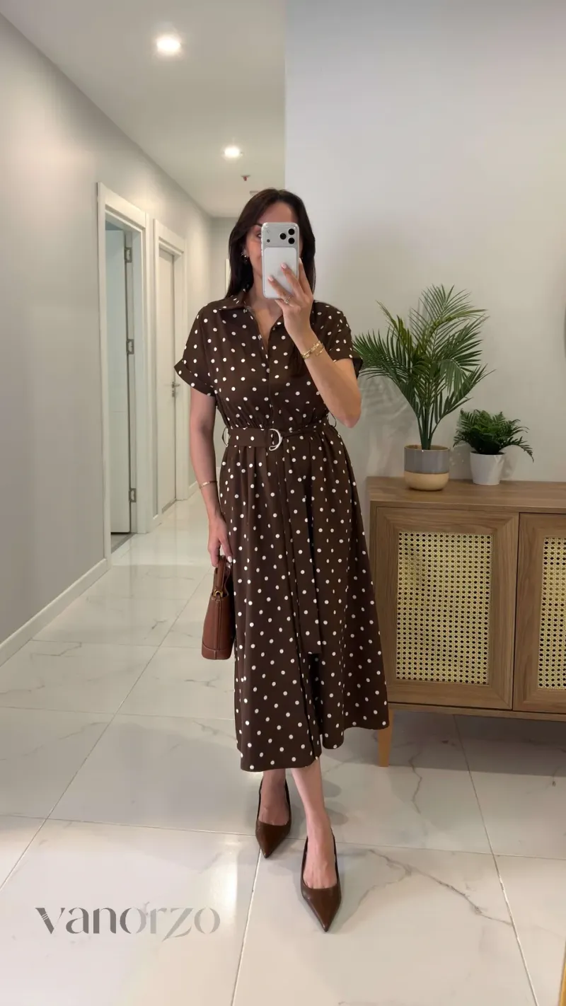 فستان نسائي ميدي أنيق بنقط مع حزام خصر | Robe Midi Polka Dots Femme