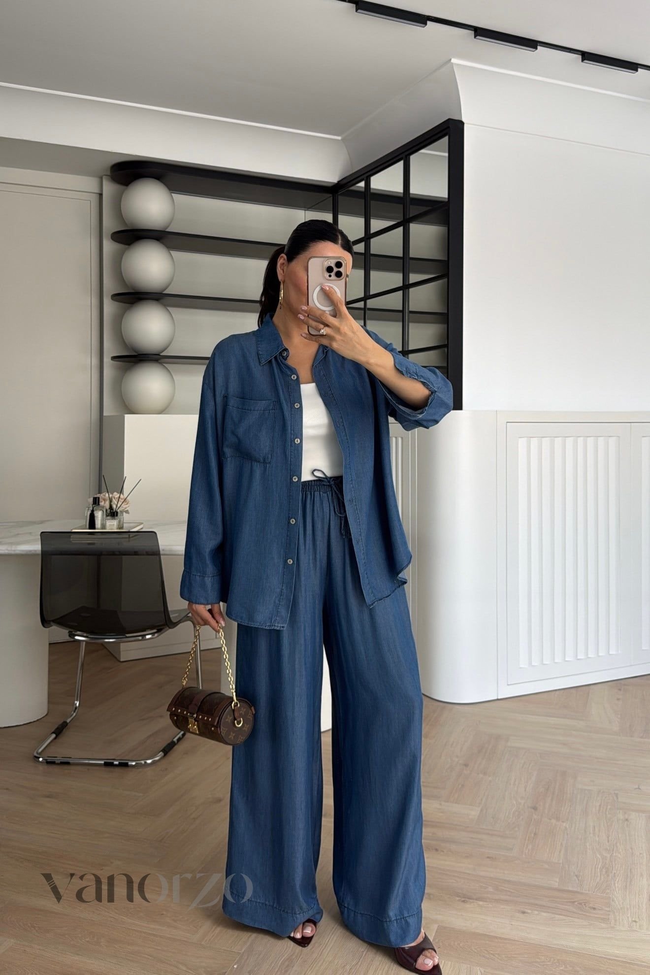 طقم جينز خفيف نسائي قطعتين (قميص فضفاض وسروال واسع بلستيك) | Ensemble Denim Soft