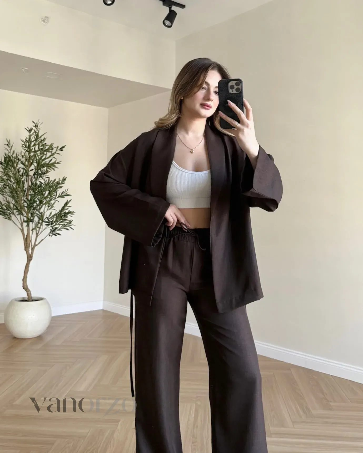 كيمونو نسائي أنسومبل "سوفت إليجانس" مع حزام وبنطال واسع